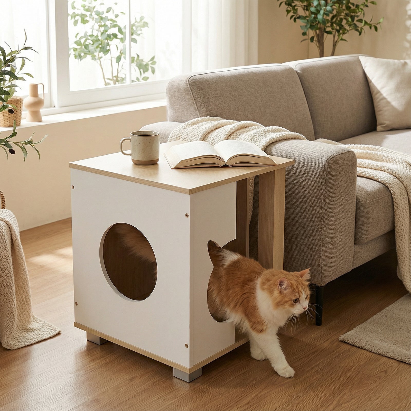 Wooden Semi-enclosed Cat Condo with Kitty Head-shaped Entry and Metal Legs-Natural | Purrfect Pet Kingdom