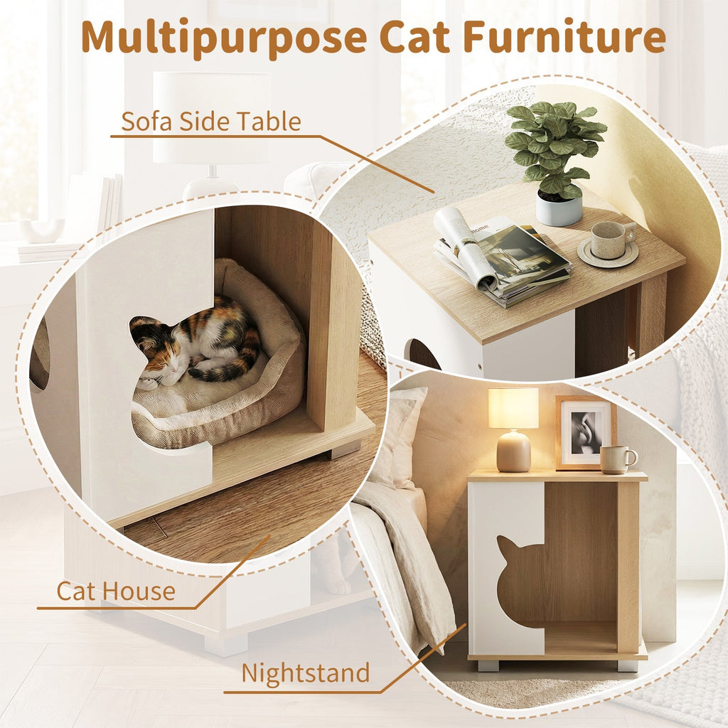 Wooden Semi-enclosed Cat Condo with Kitty Head-shaped Entry and Metal Legs-Natural