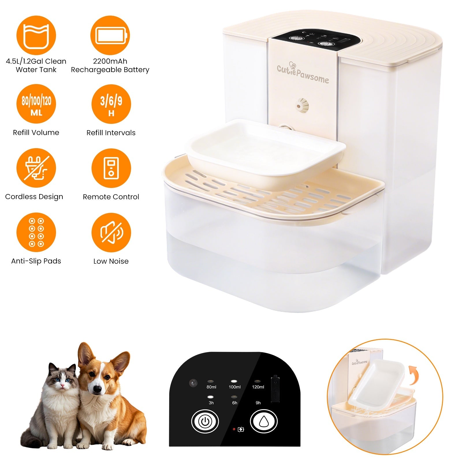 Smart Pet Water Fountain Automatic Cat Water Dispenser 4.5L Cordless Rechargeable Dog Water Fountain Self-Refill with 3 Adjustable Volume 3 Time Inter - Majestic Pet Kingdom