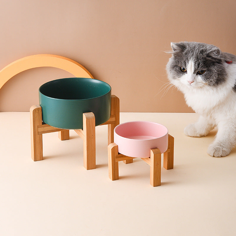 Pet Anti Rollover Ceramic With High Bamboo And Wood Frame Bowl - Majestic Pet Kingdom