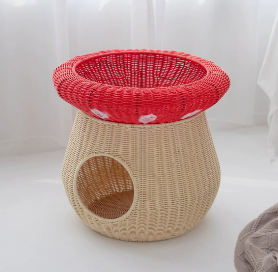Rattan-Style Washable Cat Bed Villa-Style Mushroom-Shaped Pet Nest Handwoven Breathable Dog Kennel