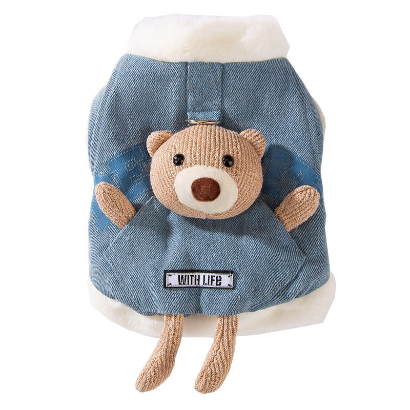 Autumn And Winter Korean-style Dog Pocket Three-dimensional Bear, Denim Towing Vest, Cat Cotton Coat, Warm Pet Dog Clothes - Majestic Pet Kingdom