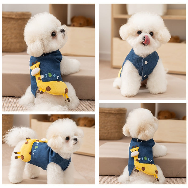 3D Deer Denim Pet Vest, Warm Fleece Lined Pullover For Small Dogs Cats, Winter Costume With Leash Hoo - Majestic Pet Kingdom