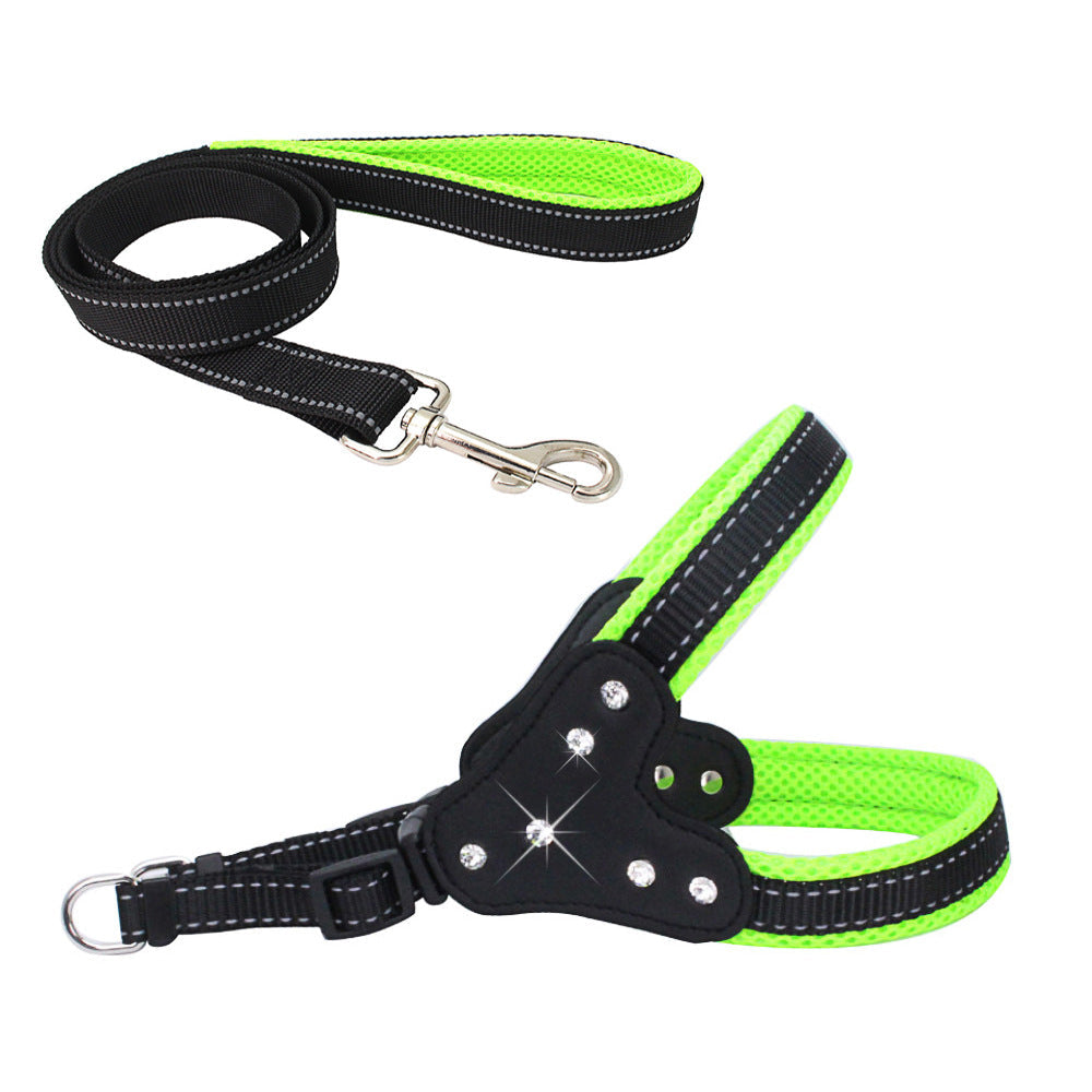 Comfortable Mesh Fabric Shiny Rhinestone Pet Hand Holding Rope Reflective Dog Breast Strap Vest Style