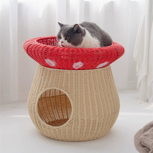 Rattan-Style Washable Cat Bed Villa-Style Mushroom-Shaped Pet Nest Handwoven Breathable Dog Kennel