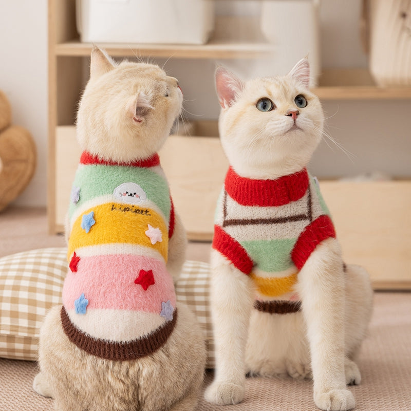 Autumn And Winter Cat Cartoon Star Striped Parent-child Sweater, Small And Medium-sized Dog Warm Parent-child Clothing, Pet Clothes - Majestic Pet Kingdom