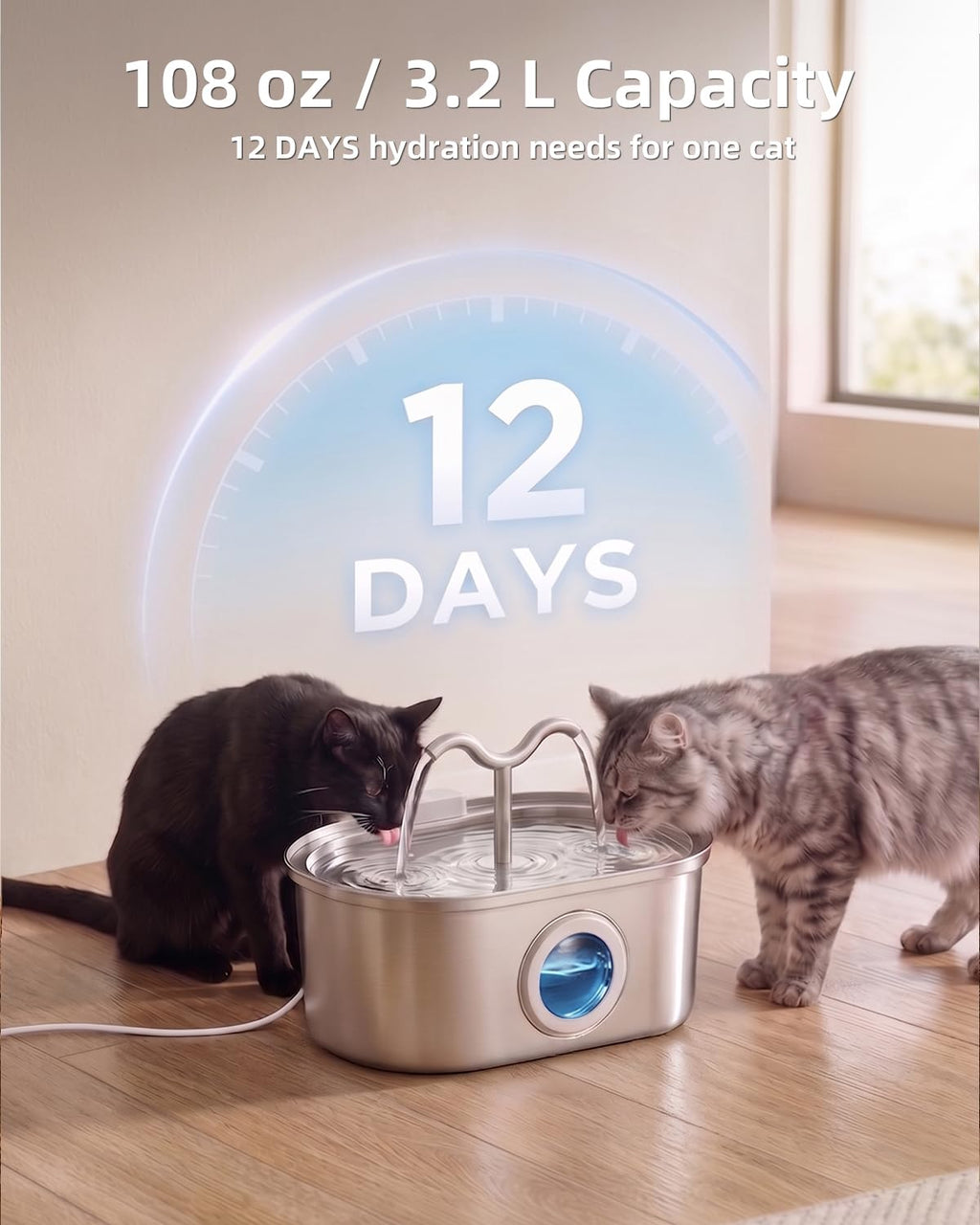 Stainless Steel Cat Water Fountain, 108oz-3.2L Pet Water Fountain For Cats Indoor, With Dual Spouts For Multiple Cats, Ultra-Quiet Automatic Dog Water Dispenser - Majestic Pet Kingdom