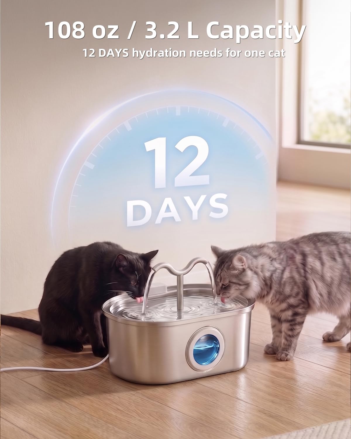 Stainless Steel Cat Water Fountain, 108oz-3.2L Pet Water Fountain For Cats Indoor, With Dual Spouts For Multiple Cats, Ultra-Quiet Automatic Dog Water Dispenser - Majestic Pet Kingdom