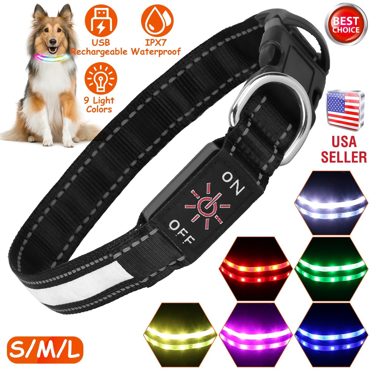 Dog Collar LED Glowing Light-Up 9-Color IPX7 Waterproof Strap - Detail Angle 5 | Majestic Pet Kingdom