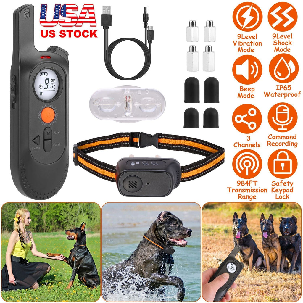 984FT Dog Training Collar IP65 Waterproof Pet Beep Vibration Electric Shock Collar 3 Channels Rechargeable Transmitter Receiver Trainer with Recording - Majestic Pet Kingdom