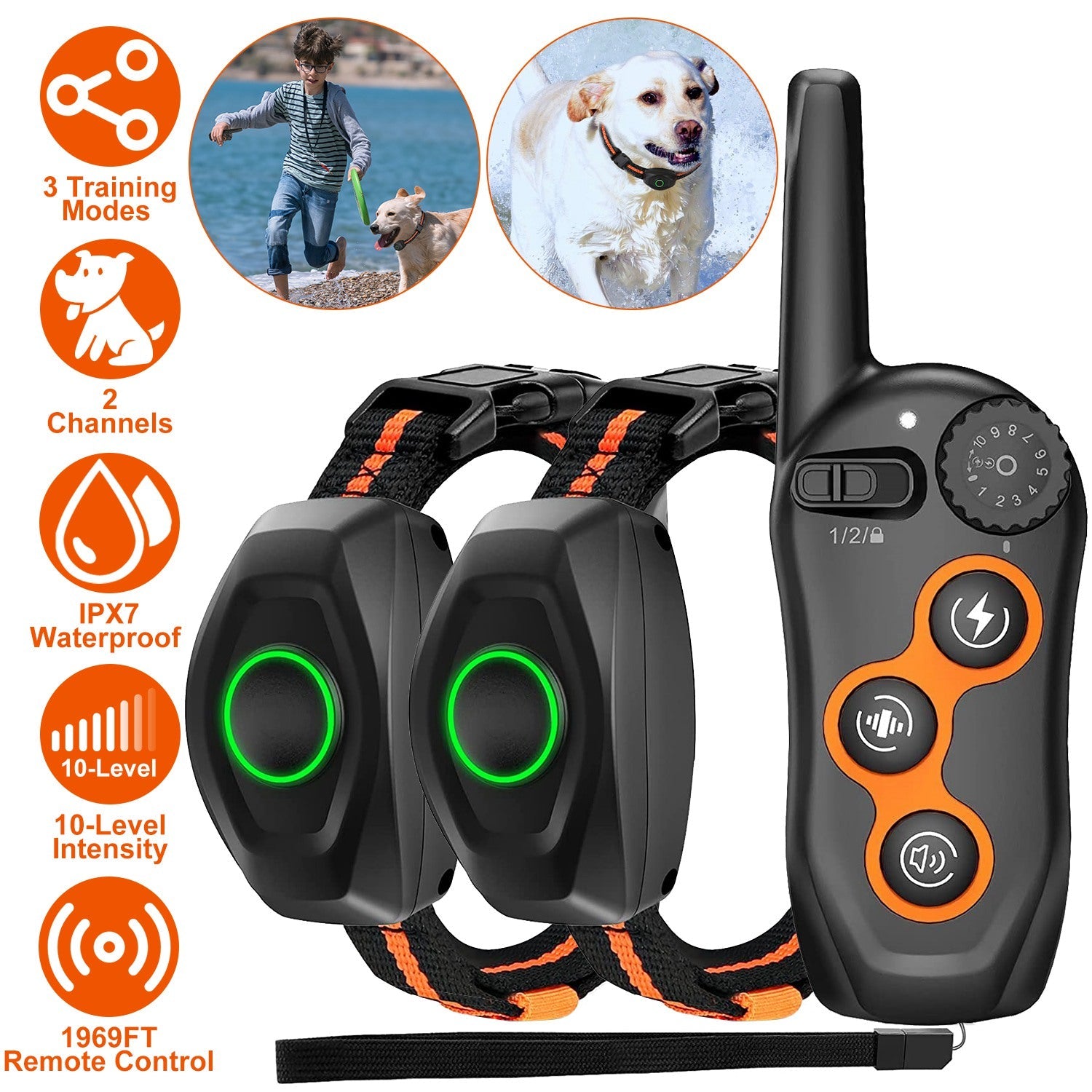 3280FT Dog Training Collar IP67 Waterproof Pet Beep Vibration Electric Shock Collar 3 Channels Rechargeable Transmitter Receiver Trainer with Flashlig - Majestic Pet Kingdom