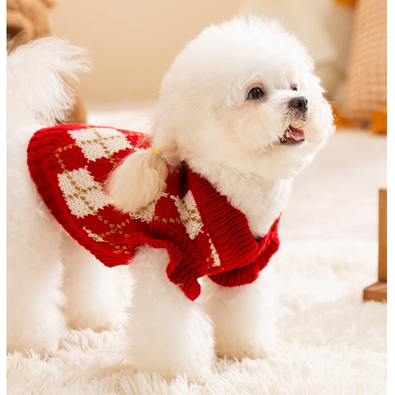 Thick And Warm Diamond-shaped Embroidered Cherry Small Flying Sleeve Sweaters For Dogs In Autumn And Winter, As Well As Pet Clothes For Small And Medium-sized Dogs And Cats