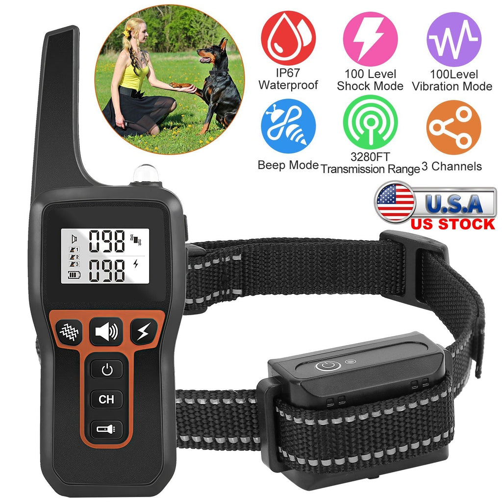 3280FT Dog Training Collar IP67 Waterproof Pet Beep Vibration Electric Shock Collar 3 Channels Rechargeable Transmitter Receiver Trainer with Flashlig - Majestic Pet Kingdom