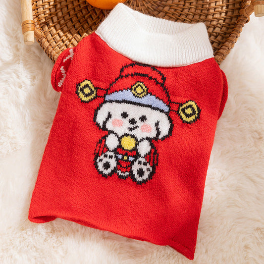 Autumn And Winter Dog Knitted Sweaters, Happy Little Dogs, Prosperous New Year Sweaters, Teddy Bichon Frises, Cat Pet Warm Clothes - Majestic Pet Kingdom