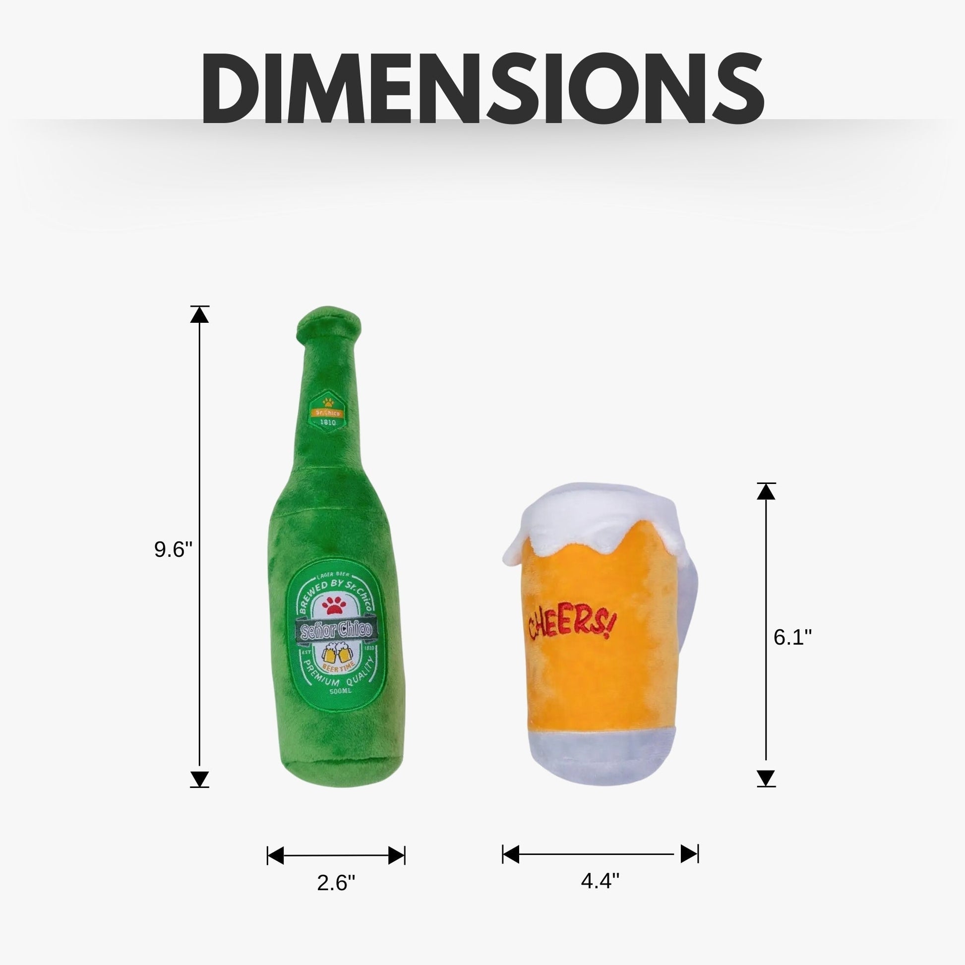 Dog Plush Toy Set Beers Cheers Squeaker Crinkle Paper 2-Pack - Detail Angle 4 | Majestic Pet Kingdom