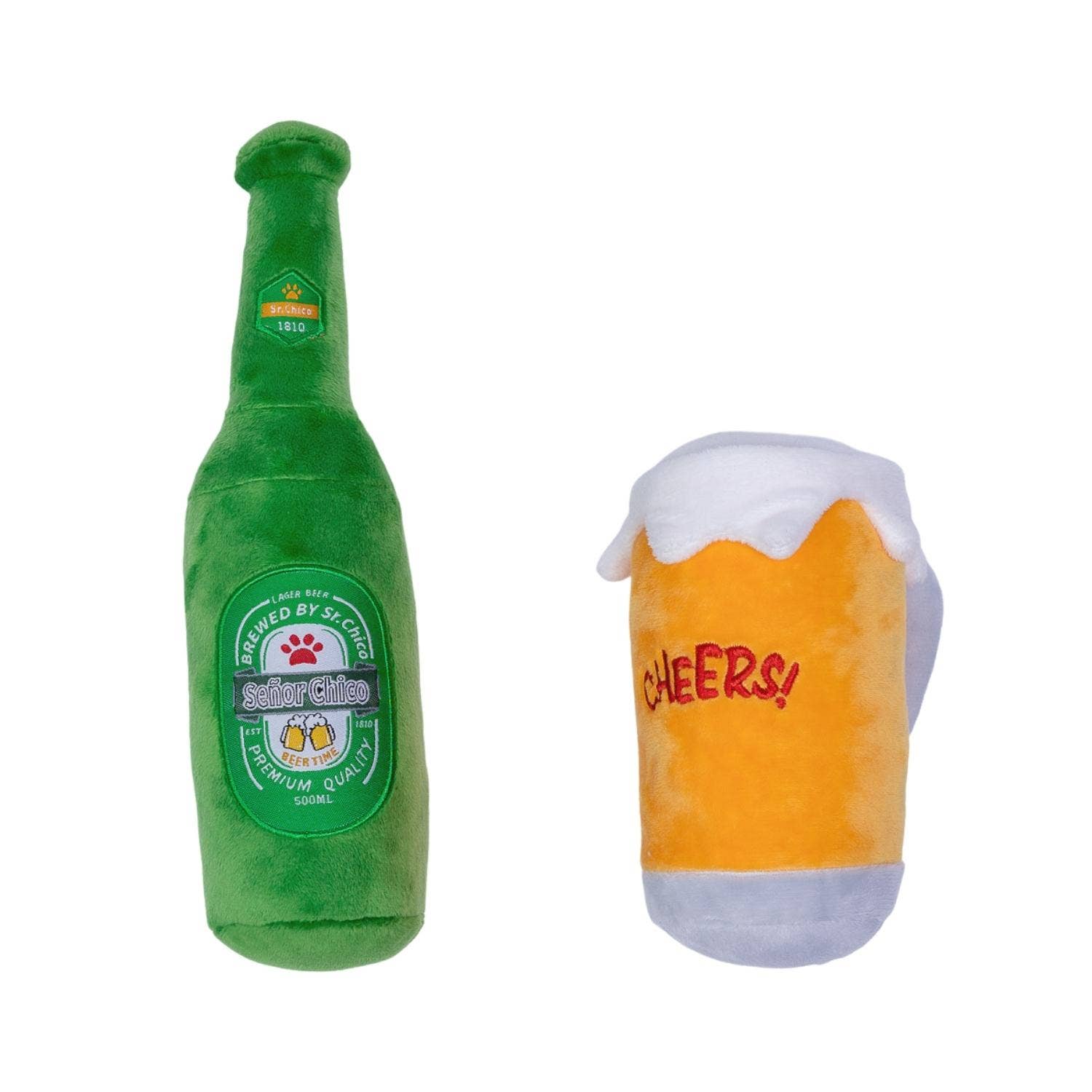 Dog Plush Toy Set Beers Cheers Squeaker Crinkle Paper 2-Pack - Main Feature View | Majestic Pet Kingdom