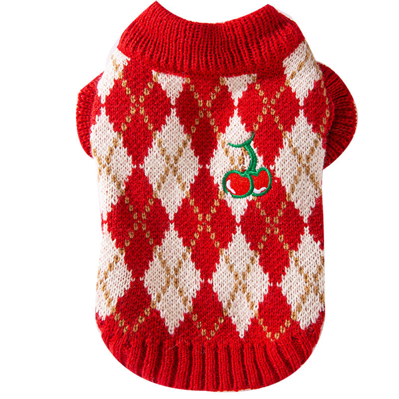 Thick And Warm Diamond-shaped Embroidered Cherry Small Flying Sleeve Sweaters For Dogs In Autumn And Winter, As Well As Pet Clothes For Small And Medium-sized Dogs And Cats