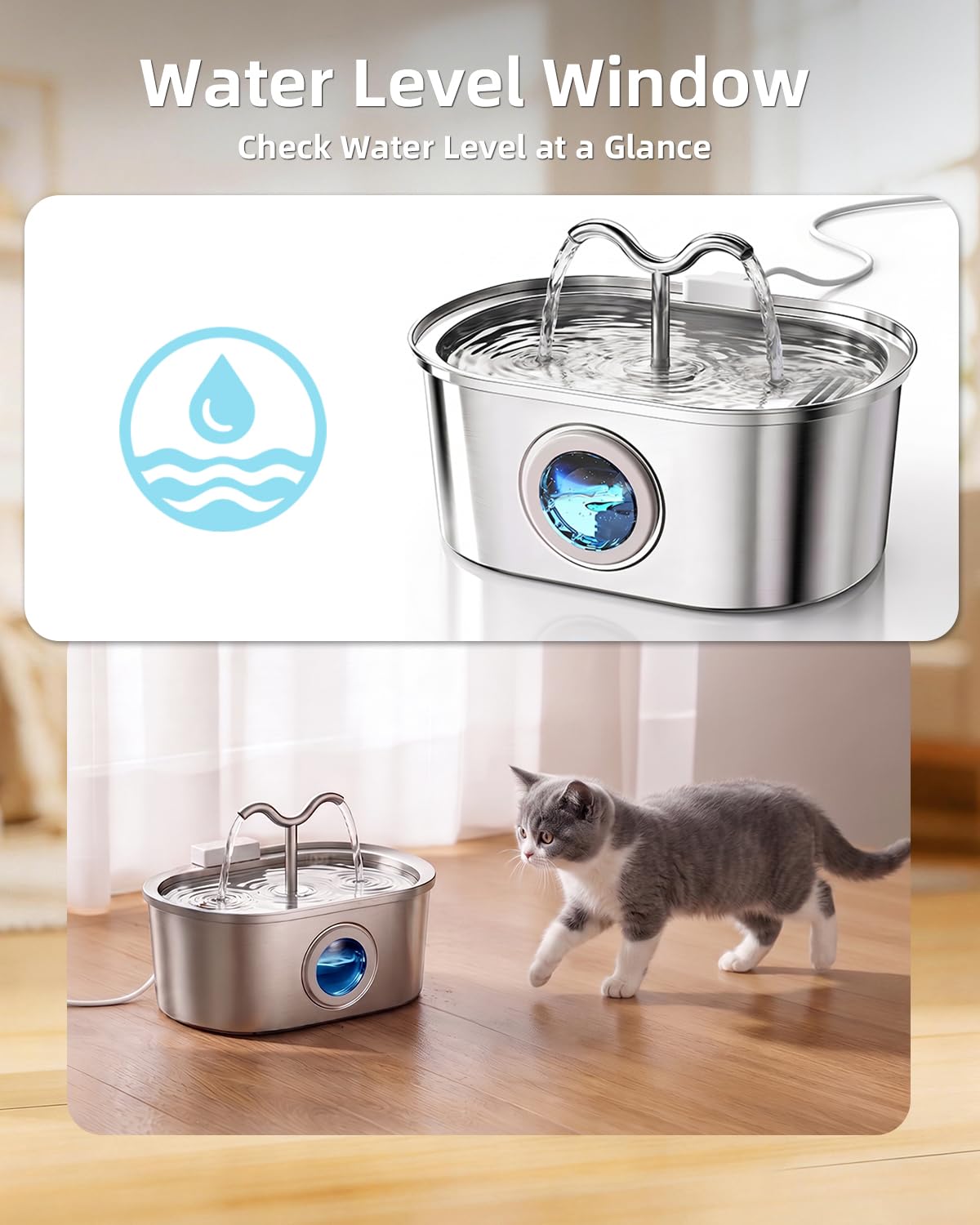 Stainless Steel Cat Water Fountain, 108oz-3.2L Pet Water Fountain For Cats Indoor, With Dual Spouts For Multiple Cats, Ultra-Quiet Automatic Dog Water Dispenser - Majestic Pet Kingdom