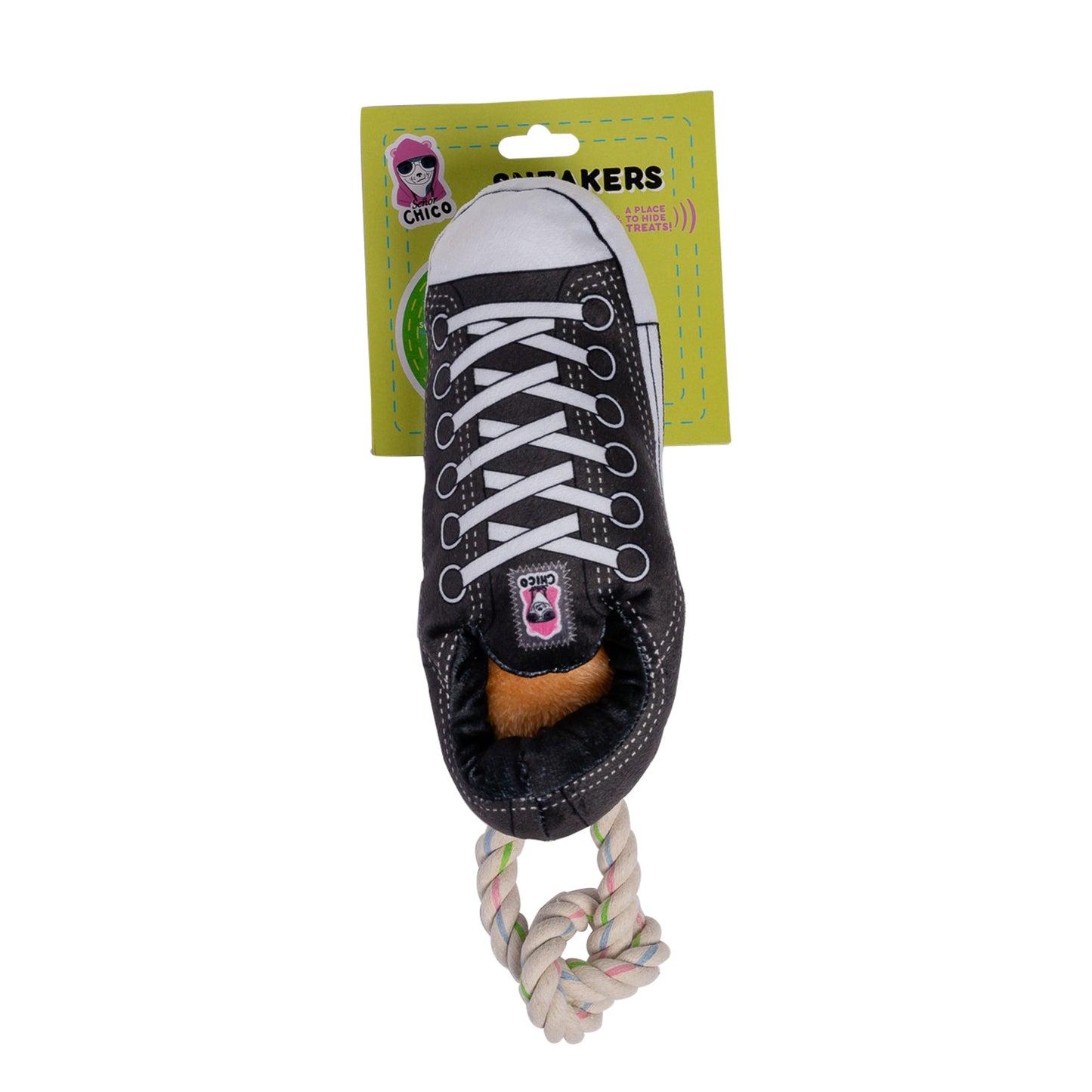 Dog Plush Toy Squeaky Sneaker Treat Pocket Black Pet Chew - Detail Angle 3 | Majestic Pet Kingdom