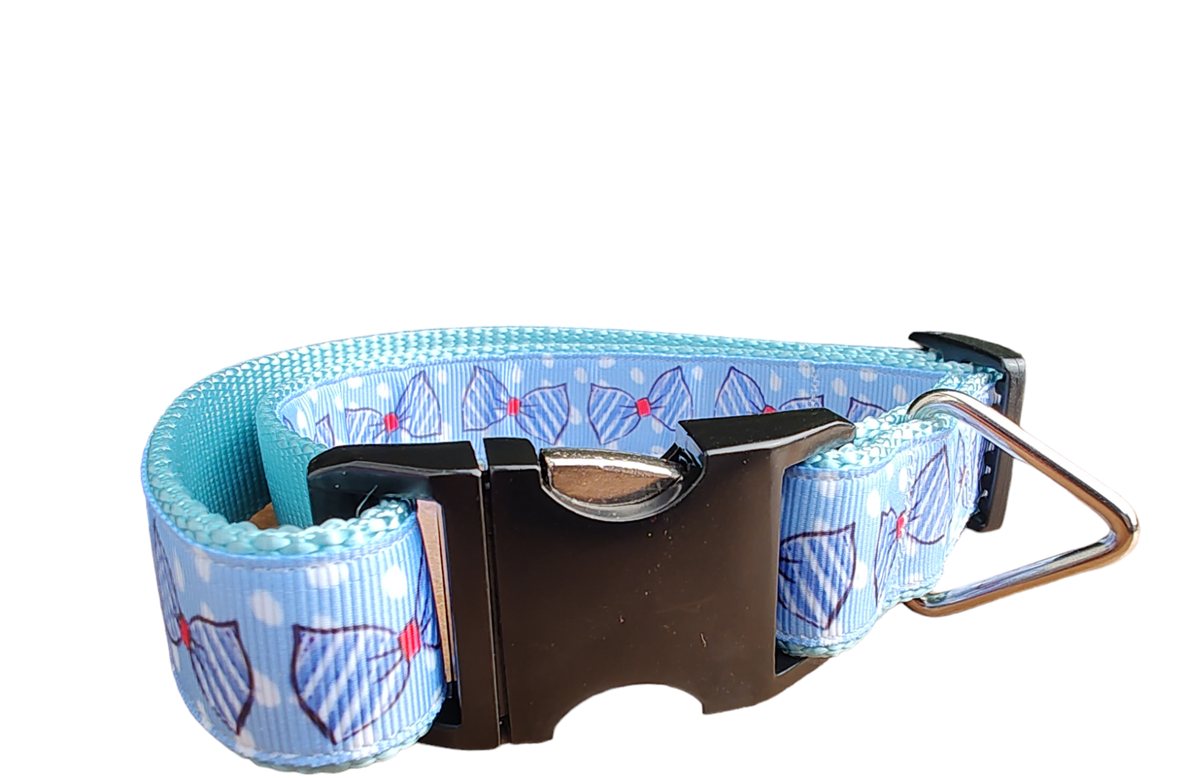 Dog Collar Blue Bow Ties Light Blue Dapper Pattern Nylon Strap - Detail Angle 5 | Majestic Pet Kingdom