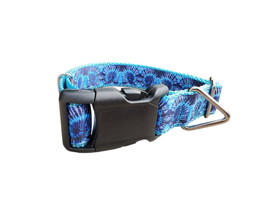 Dog Collar Blue Tie Dye Retro Swirl Pattern Heavy Duty Nylon