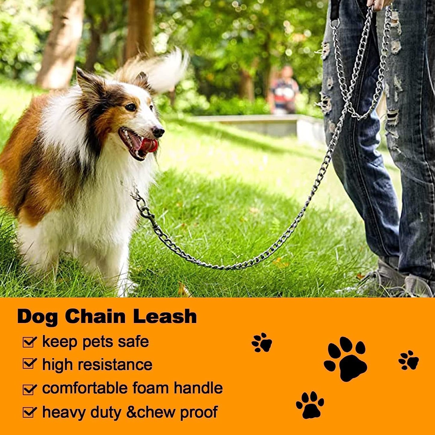 Dog Leash Metal Chain Chew-Proof Padded Handle Lead Heavy