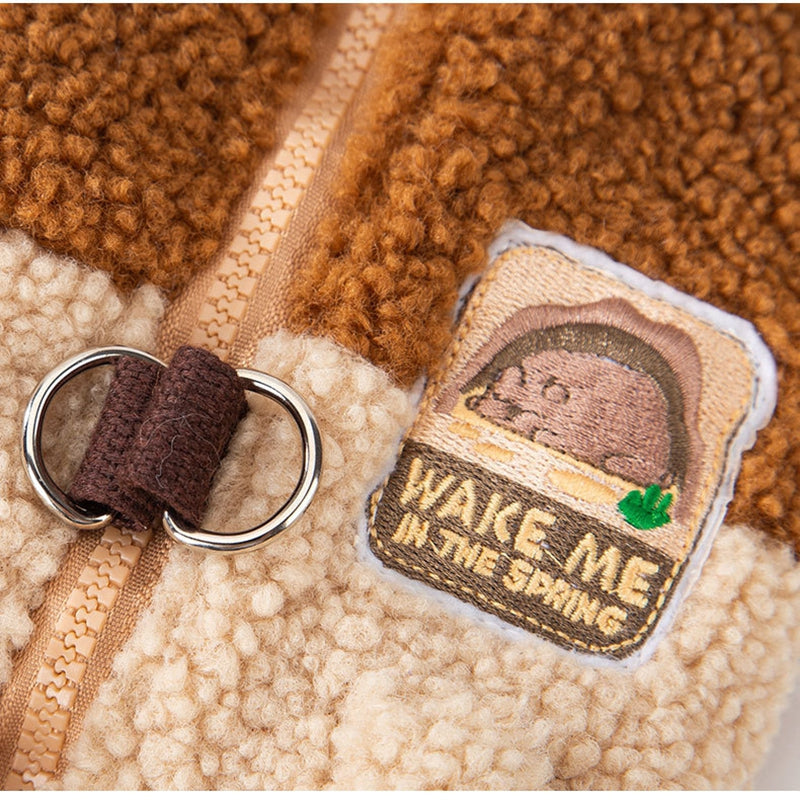Wake Me In The Spring Squirrel Patch Pet Fleece Jacket, Color-Block Dog Coat With Leash Ring  Pockets