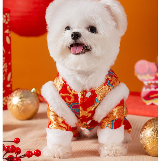 Autumn And Winter Xiangyun Jinlong Dog New Year Four-legged Cotton Coat, Tang Suit, Warm And Thick Pet New Year Dog Clothes | Purrfect Pet Kingdom
