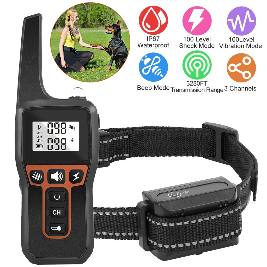 3280FT Dog Training Collar IP67 Waterproof Pet Beep Vibration Electric Shock Collar 3 Channels Rechargeable Transmitter Receiver Trainer with Flashlig - Majestic Pet Kingdom