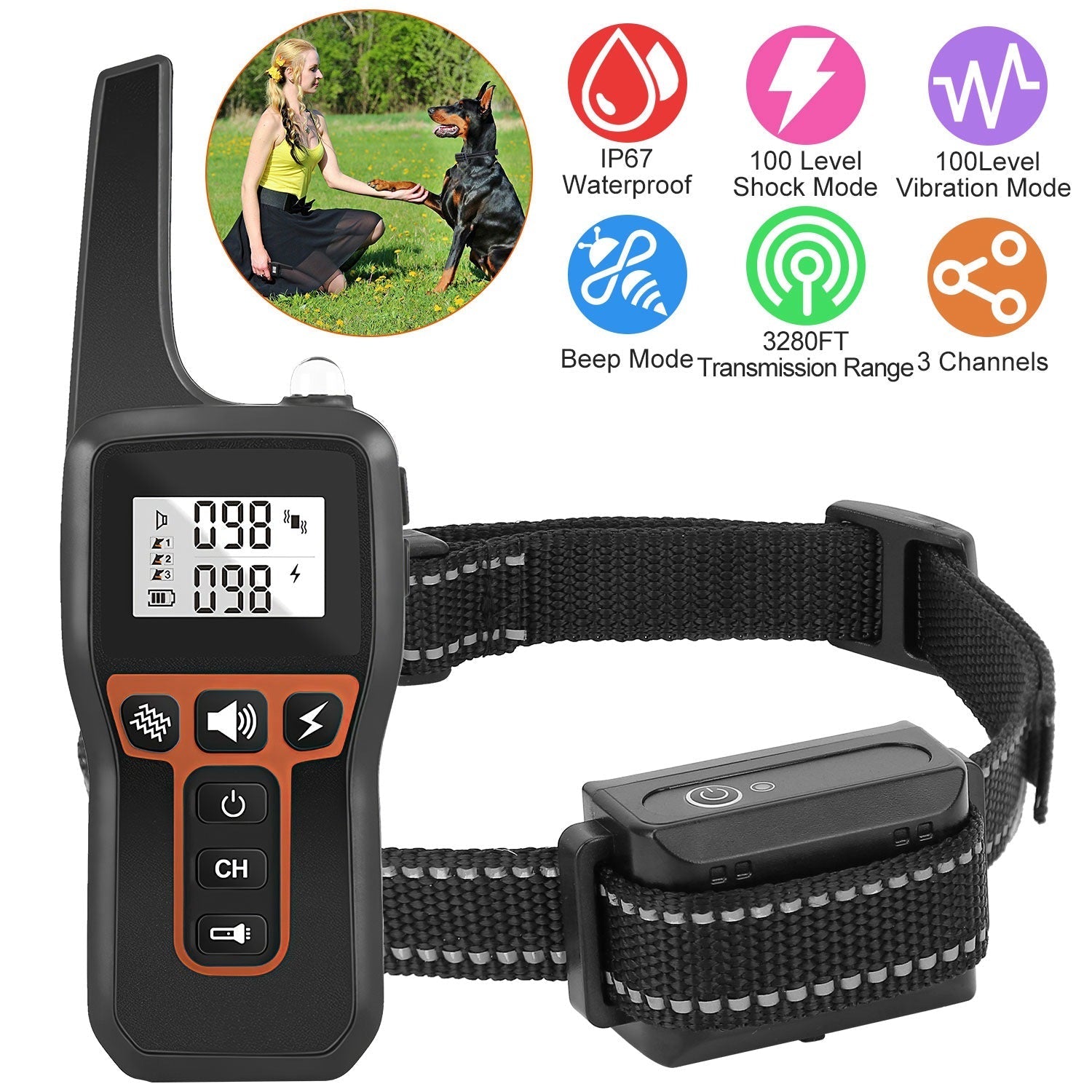 3280FT Dog Training Collar IP67 Waterproof Pet Beep Vibration Electric Shock Collar 3 Channels Rechargeable Transmitter Receiver Trainer with Flashlig - Majestic Pet Kingdom