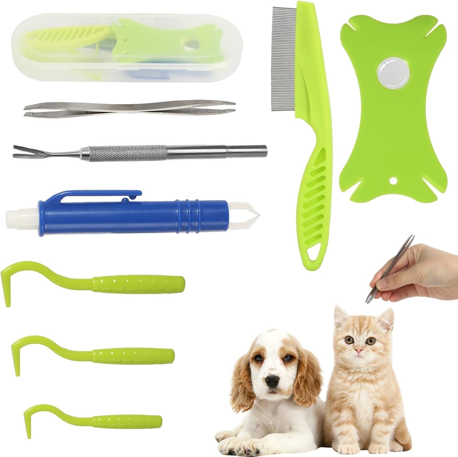 Pet Tick Removal Kit 8-in-1 Tweezers Flea Comb Storage Box - Main Feature View | Majestic Pet Kingdom