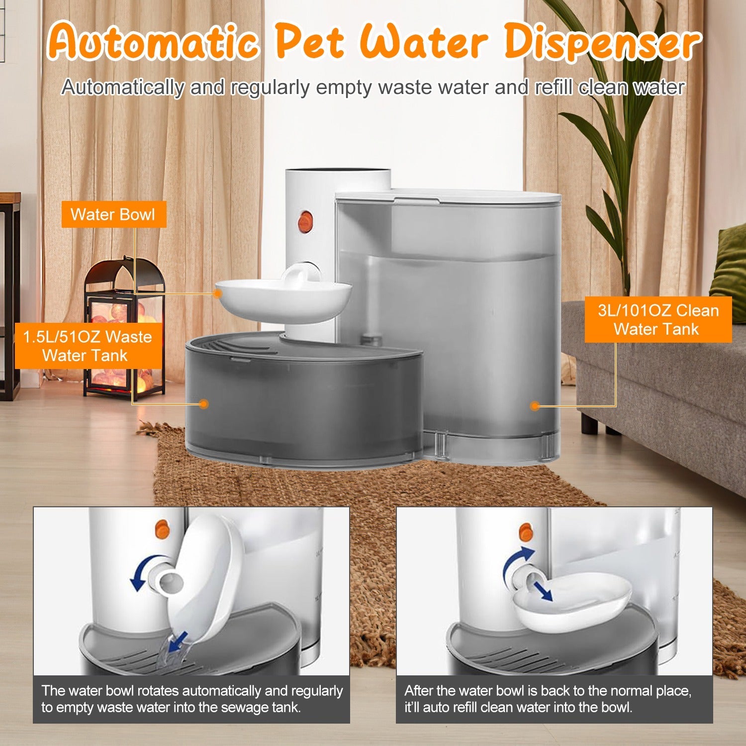 Smart Pet Water Fountain Automatic Cat Water Dispenser 3L/101OZ Cordless Rechargeable Dog Water Fountain Self-Refill with 3 Adjustable Volume 3 Time I - Majestic Pet Kingdom