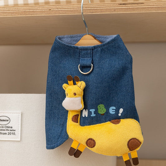 3D Deer Denim Pet Vest, Warm Fleece Lined Pullover For Small Dogs Cats, Winter Costume With Leash Hoo - Majestic Pet Kingdom