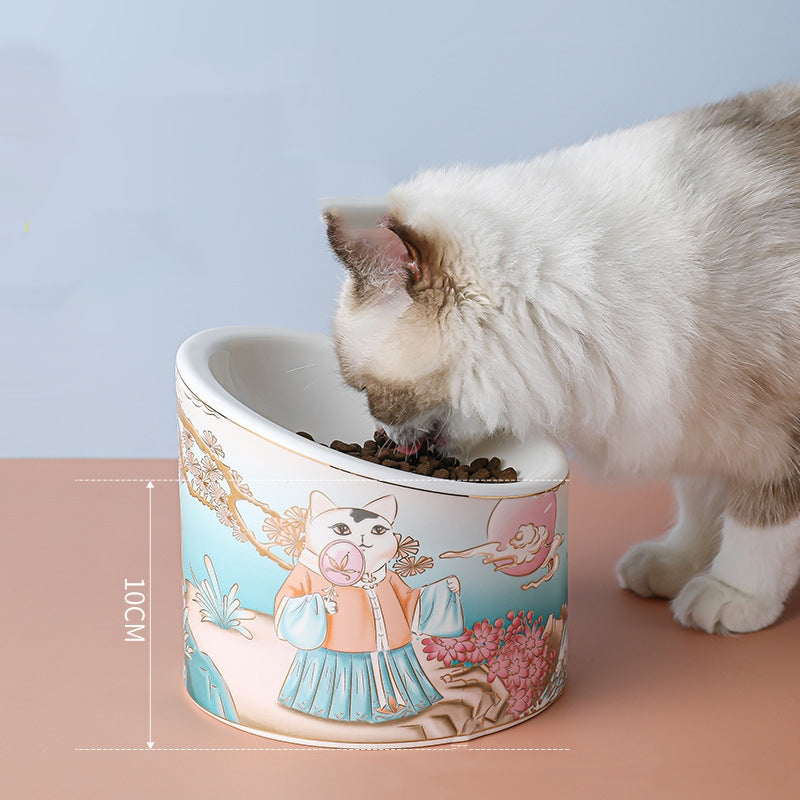 Chinese Style Ceramic Cat Bowl High Leg Double Bowl Oblique Mouth - Majestic Pet Kingdom