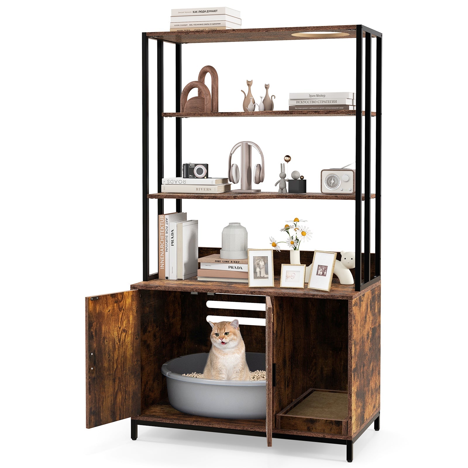 Cat Litter Box Enclosure with Storage and 3-tier Shelves
