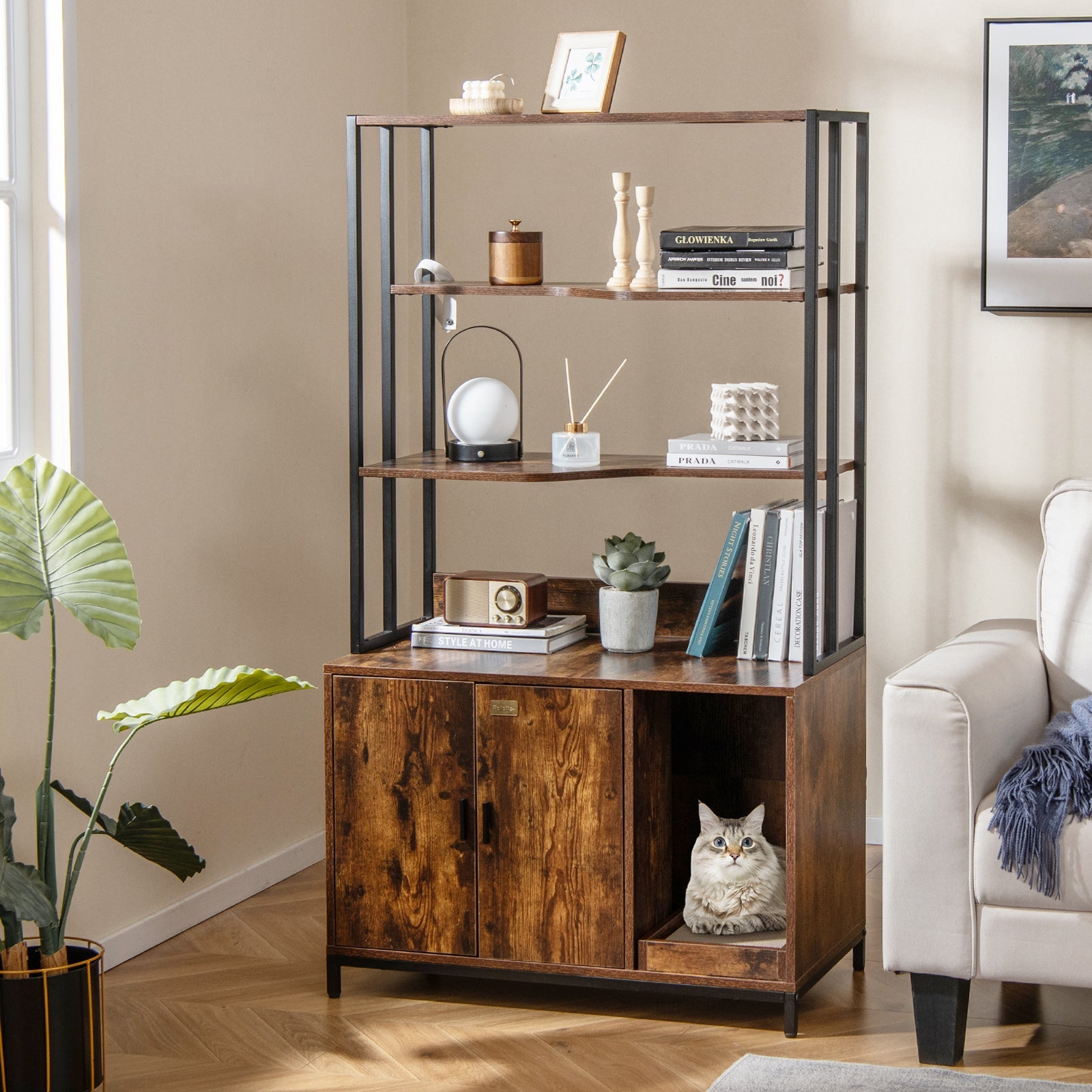 Cat Litter Box Enclosure with Storage and 3-tier Shelves