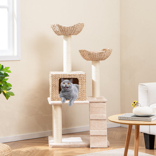 48 Inch Cattail Cat Tower with Sisal Scratching Posts Perch and Condo-Beige | Purrfect Pet Kingdom