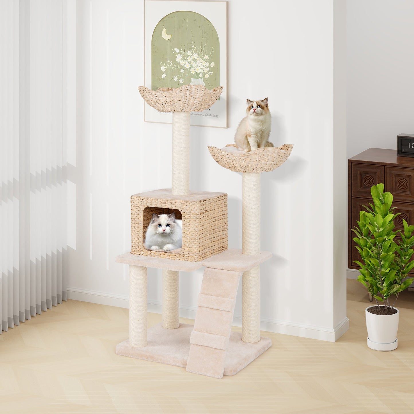 Cat Tree 48-Inch Cattail Tower Sisal Posts Perch Condo Beige - Detail Angle 2 | Majestic Pet Kingdom