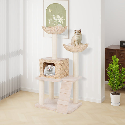 48 Inch Cattail Cat Tower with Sisal Scratching Posts Perch and Condo-Beige | Purrfect Pet Kingdom