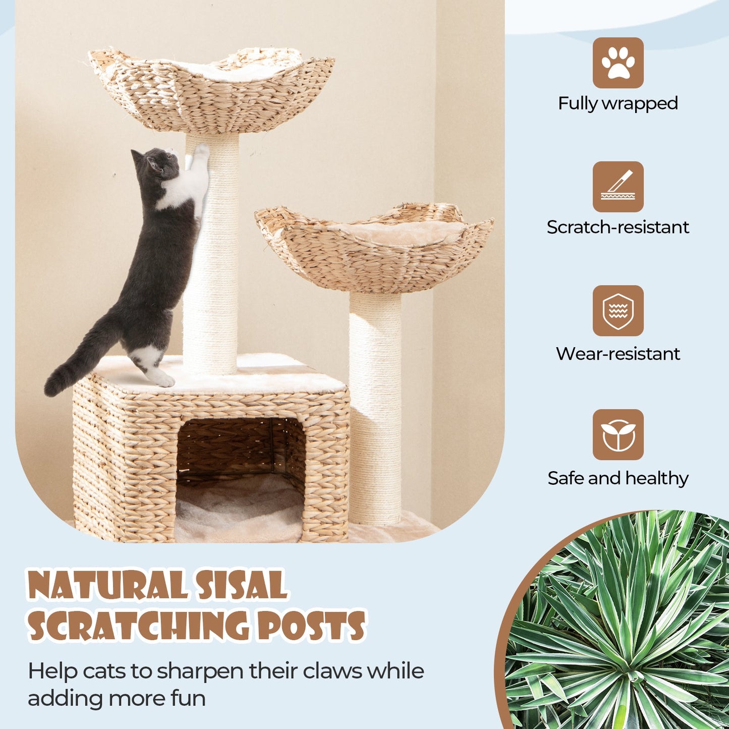 Cat Tree 48-Inch Cattail Tower Sisal Posts Perch Condo Beige - Detail Angle 7 | Majestic Pet Kingdom