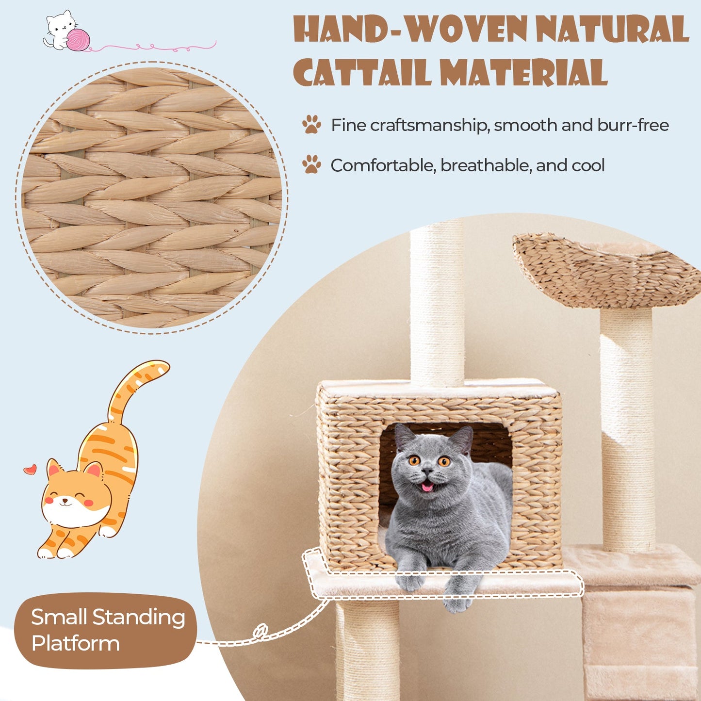 Cat Tree 48-Inch Cattail Tower Sisal Posts Perch Condo Beige - Detail Angle 6 | Majestic Pet Kingdom