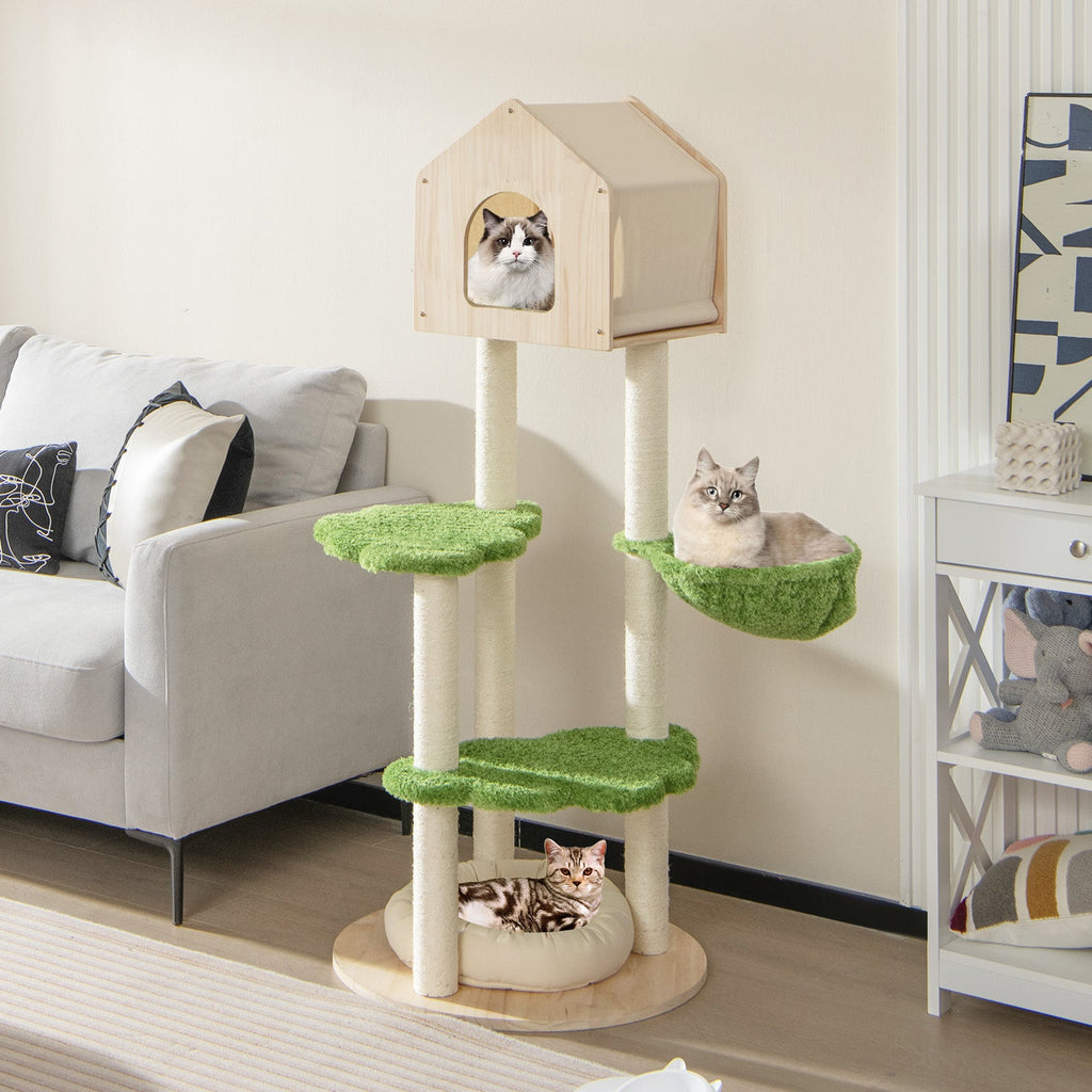 55 Inch Tall Cat Climbing Stand with Sisal Scratching Posts and Soft Cat Bed for Indoor Kittens-Green - Majestic Pet Kingdom