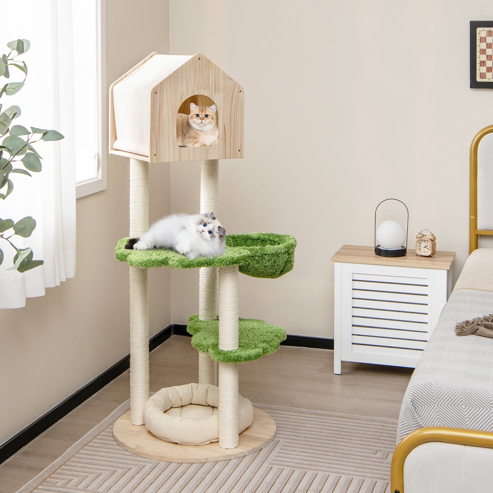 55 Inch Tall Cat Climbing Stand with Sisal Scratching Posts and Soft Cat Bed for Indoor Kittens-Green - Majestic Pet Kingdom