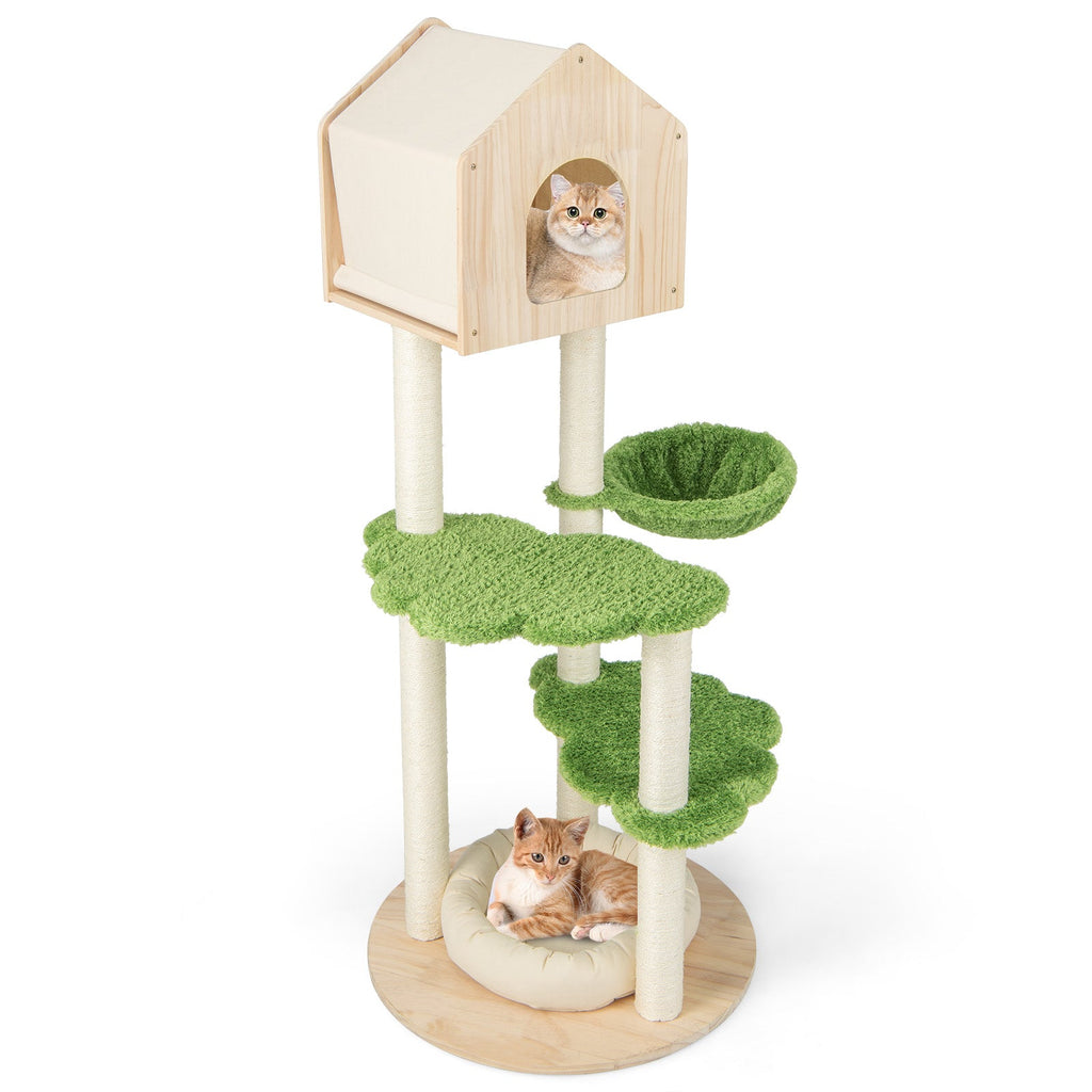 55 Inch Tall Cat Climbing Stand with Sisal Scratching Posts and Soft Cat Bed for Indoor Kittens-Green - Majestic Pet Kingdom