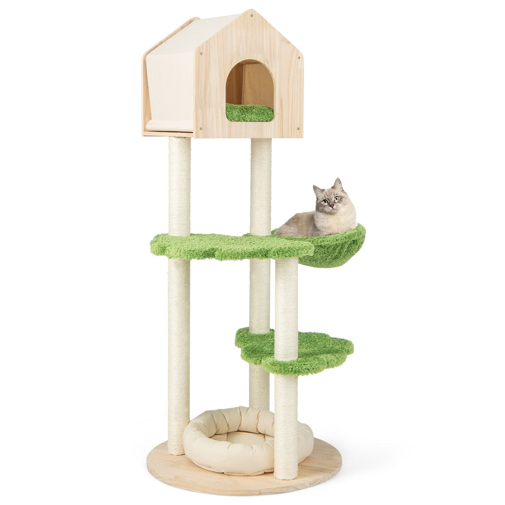 55 Inch Tall Cat Climbing Stand with Sisal Scratching Posts and Soft Cat Bed for Indoor Kittens-Green - Majestic Pet Kingdom