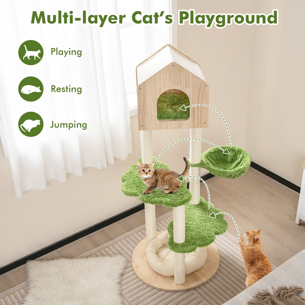 55 Inch Tall Cat Climbing Stand with Sisal Scratching Posts and Soft Cat Bed for Indoor Kittens-Green - Majestic Pet Kingdom