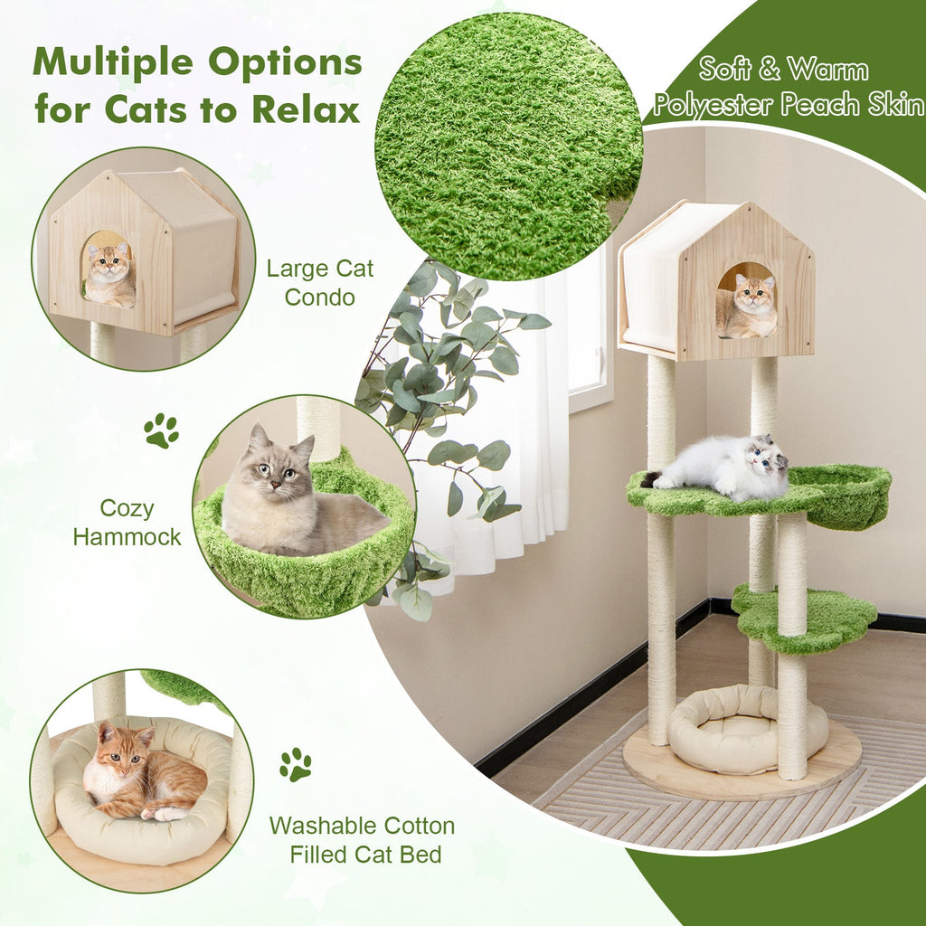 55 Inch Tall Cat Climbing Stand with Sisal Scratching Posts and Soft Cat Bed for Indoor Kittens-Green - Majestic Pet Kingdom