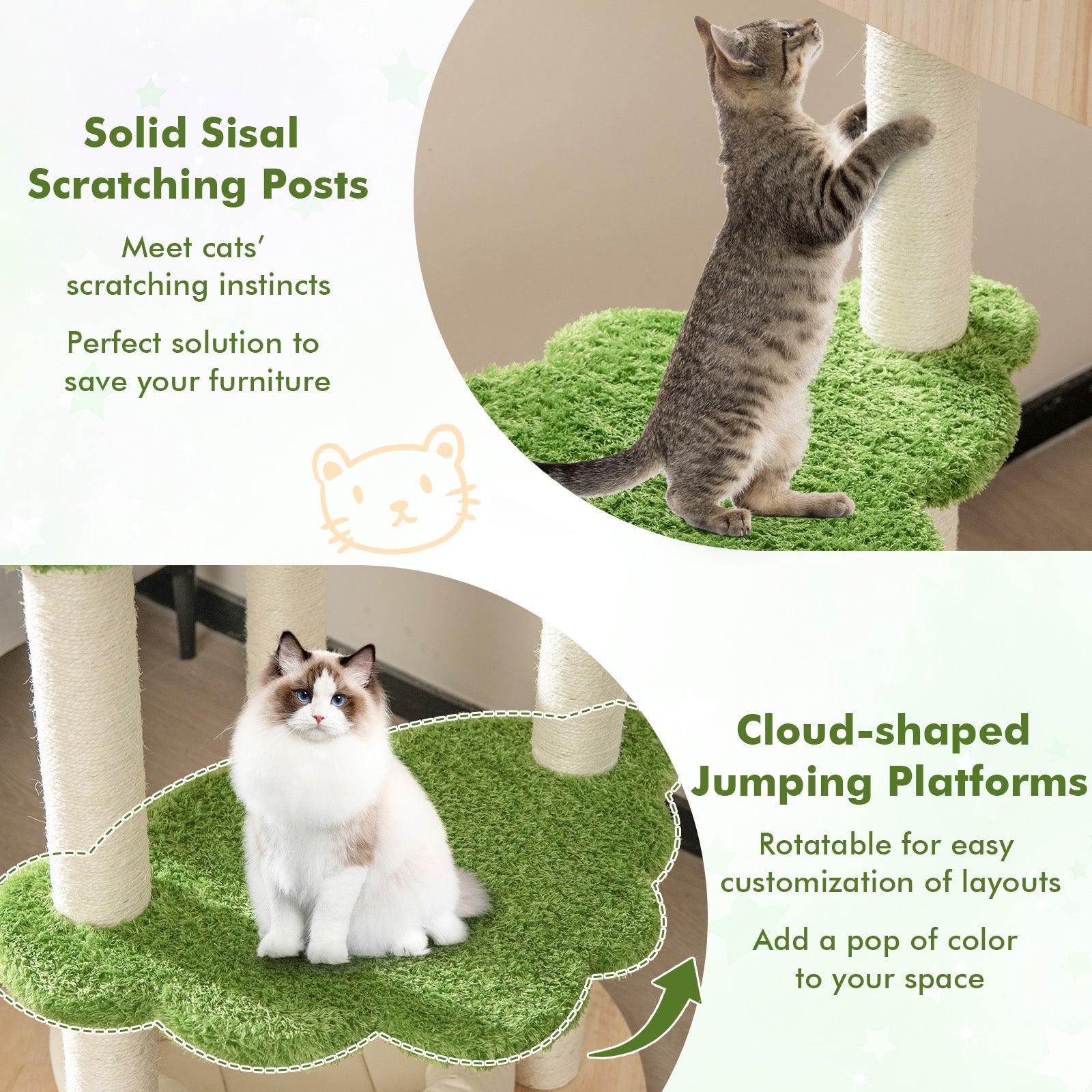 55 Inch Tall Cat Climbing Stand with Sisal Scratching Posts and Soft Cat Bed for Indoor Kittens-Green - Majestic Pet Kingdom