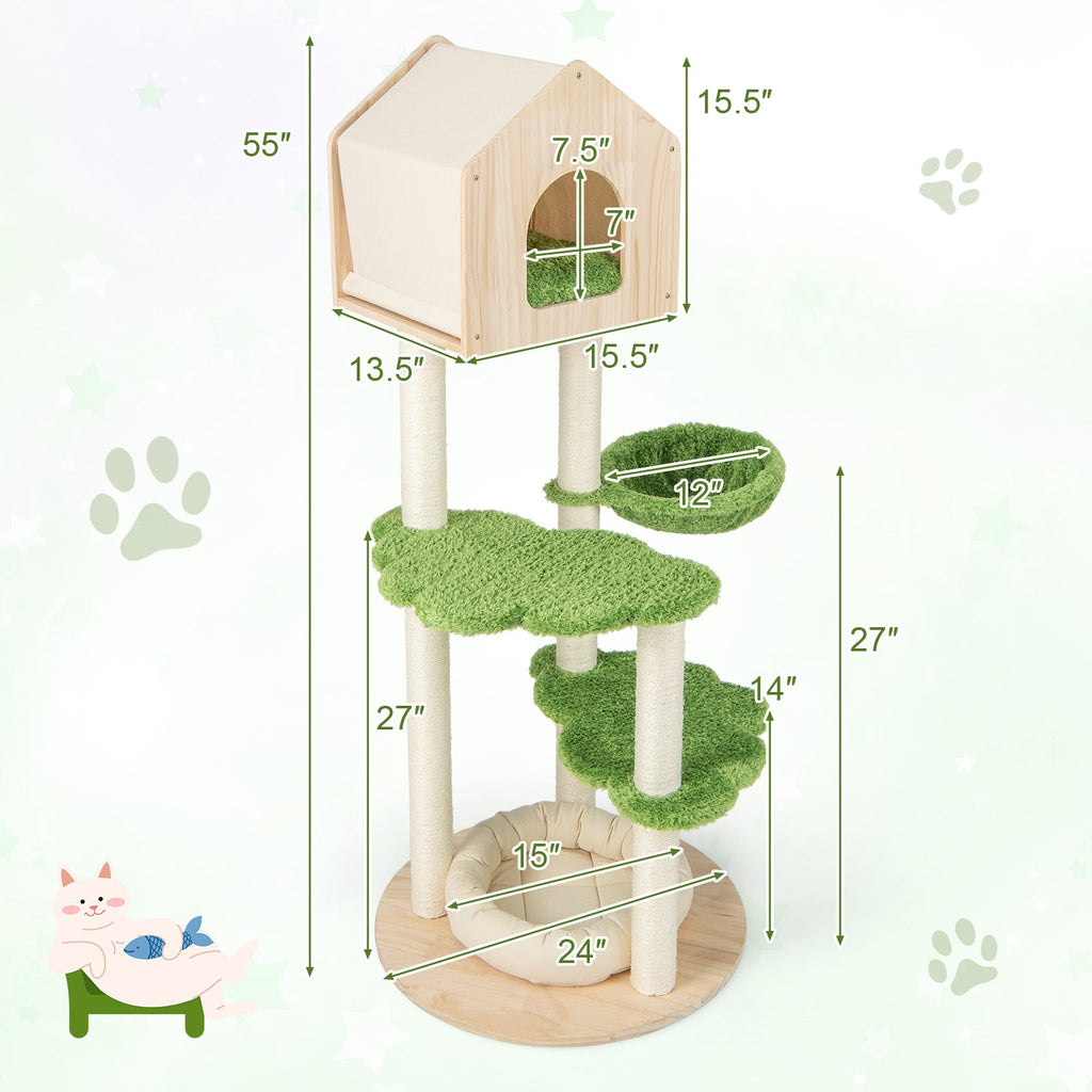 55 Inch Tall Cat Climbing Stand with Sisal Scratching Posts and Soft Cat Bed for Indoor Kittens-Green - Majestic Pet Kingdom