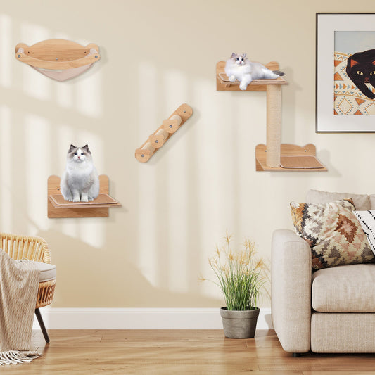 Cat Wall Furniture Set of 4 with Hammock 2-step Cat Tree and Perch-Natural | Purrfect Pet Kingdom